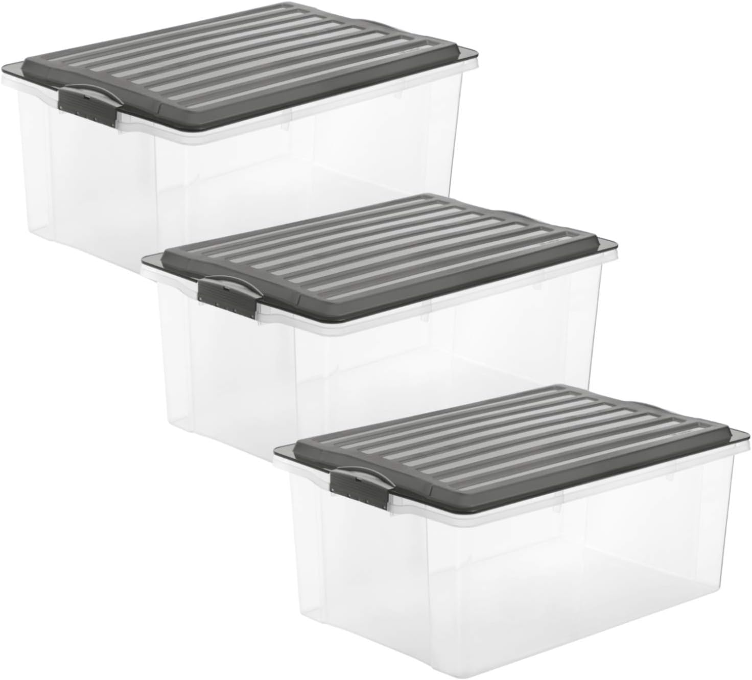 Rotho Compact 3er-Set Aufbewahrungsbox 38l mit Deckel, Kunststoff (PP) BPA-frei, anthrazit/transparent, 3x38l (57,5 x 40,0 x 25,0 cm)
