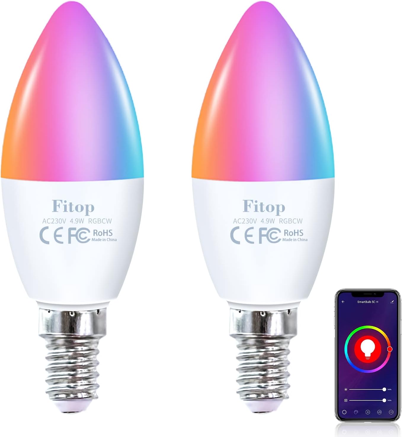 Fitop Alexa Smart Glühbirnen, E14 Wlan LED Lampen Dimmbar Glühbirne 4.9W 470Lm+2700-6500K+RGB 16 Millionen Farben, App Steuern Kompatibel mit Alexa/Google Home, Sprachsteuerung 2 Pack