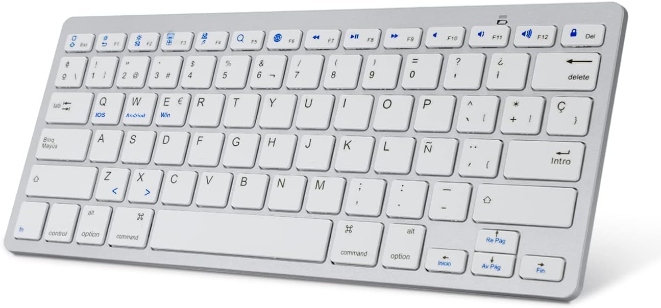 SENGBIRCH Teclado Bluetooth Español, Light Teclado Inalámbrico Portátil para iPhone de iOS, iPad, Samsung, Huawei, Android, Windows y Cualquier Dispositivo con Bluetooth (Blanco)