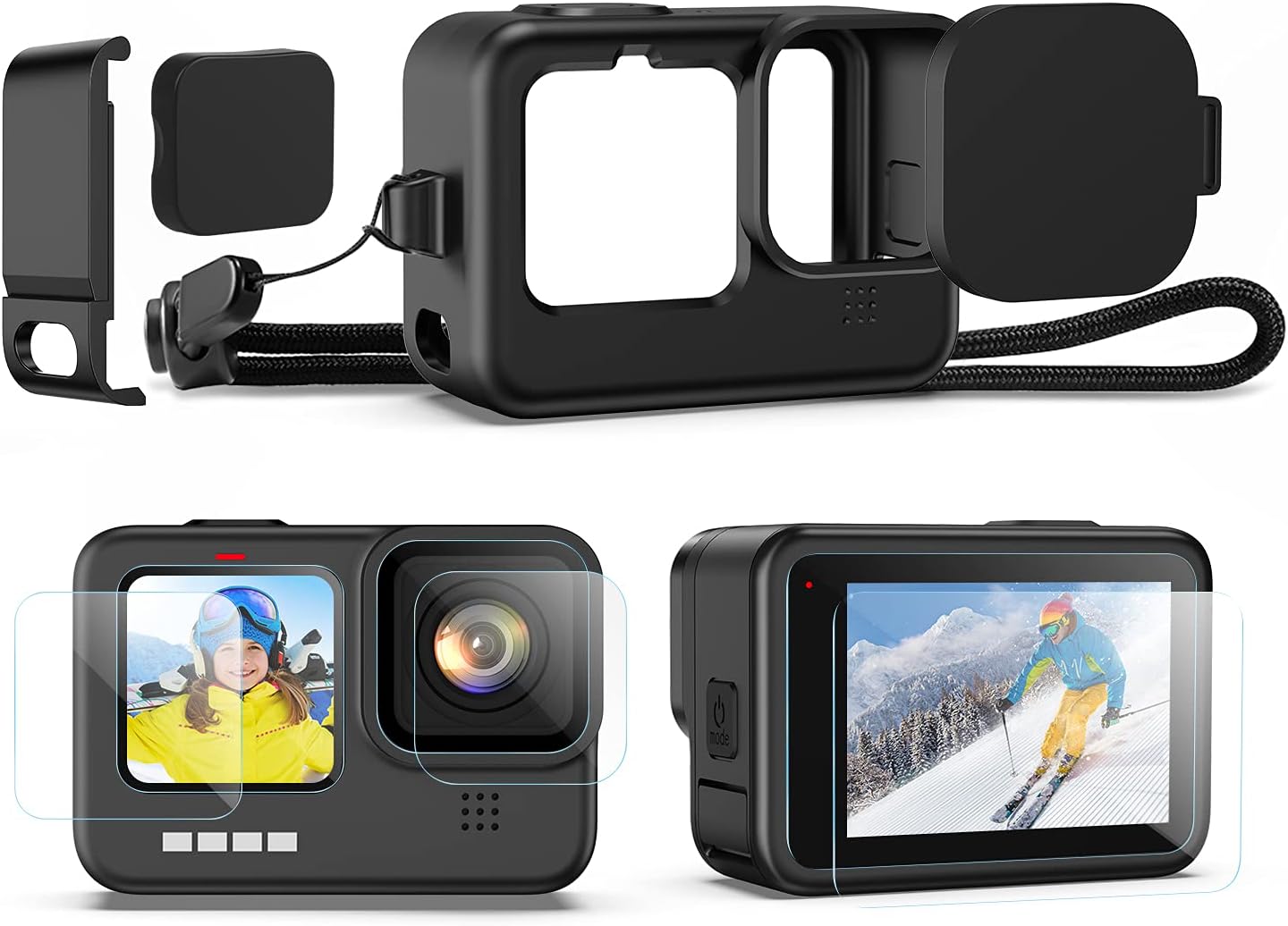 Kuptone Silikon Schutzhülle+Displayschutzfolie für Gopro Hero 11/10/9, Gopro Zubehör Silikonhülle + 6Glas Displayschutz +Akkufachdeckel + 1 Trageband+ 3Objektivdeckel für Gopro 11/10/9