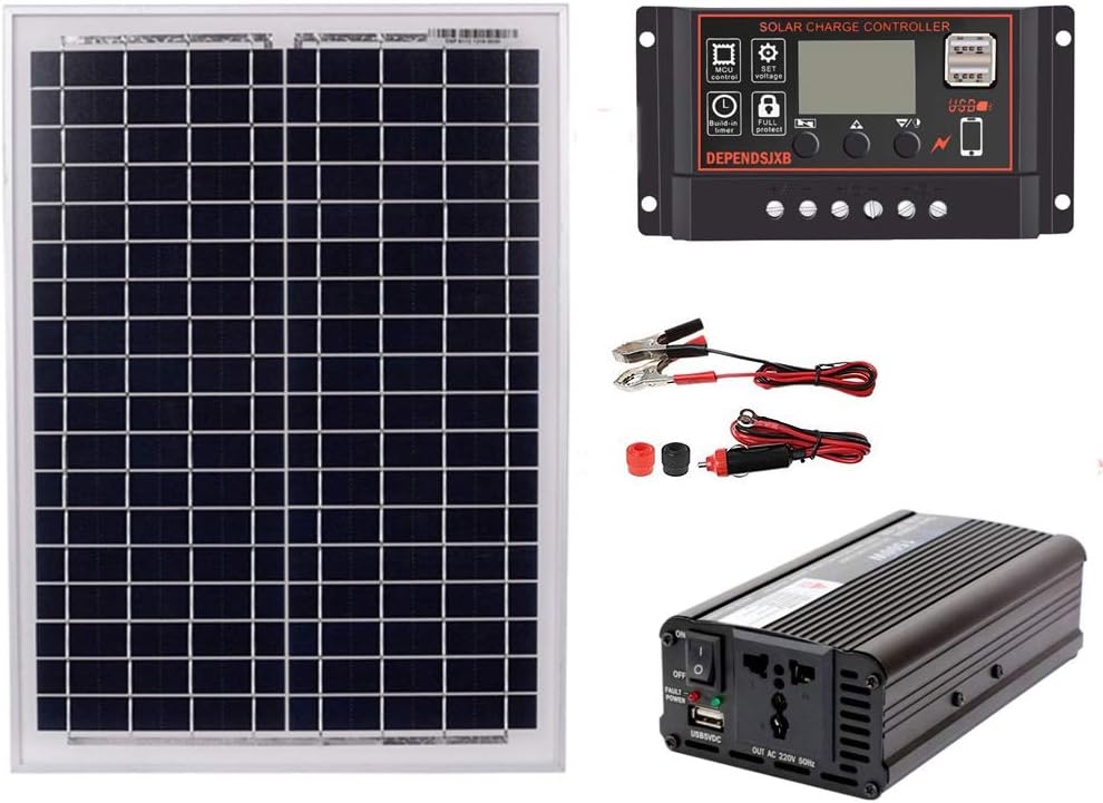 Falincon 18V20W Sonnen Panel + 12V / 24V Controller + 1500W Inverter Ac220V Kit, Geeignet Für Außen Und Haus Ac220V Sonnen Sparende Strom Erzeugung System, 60A