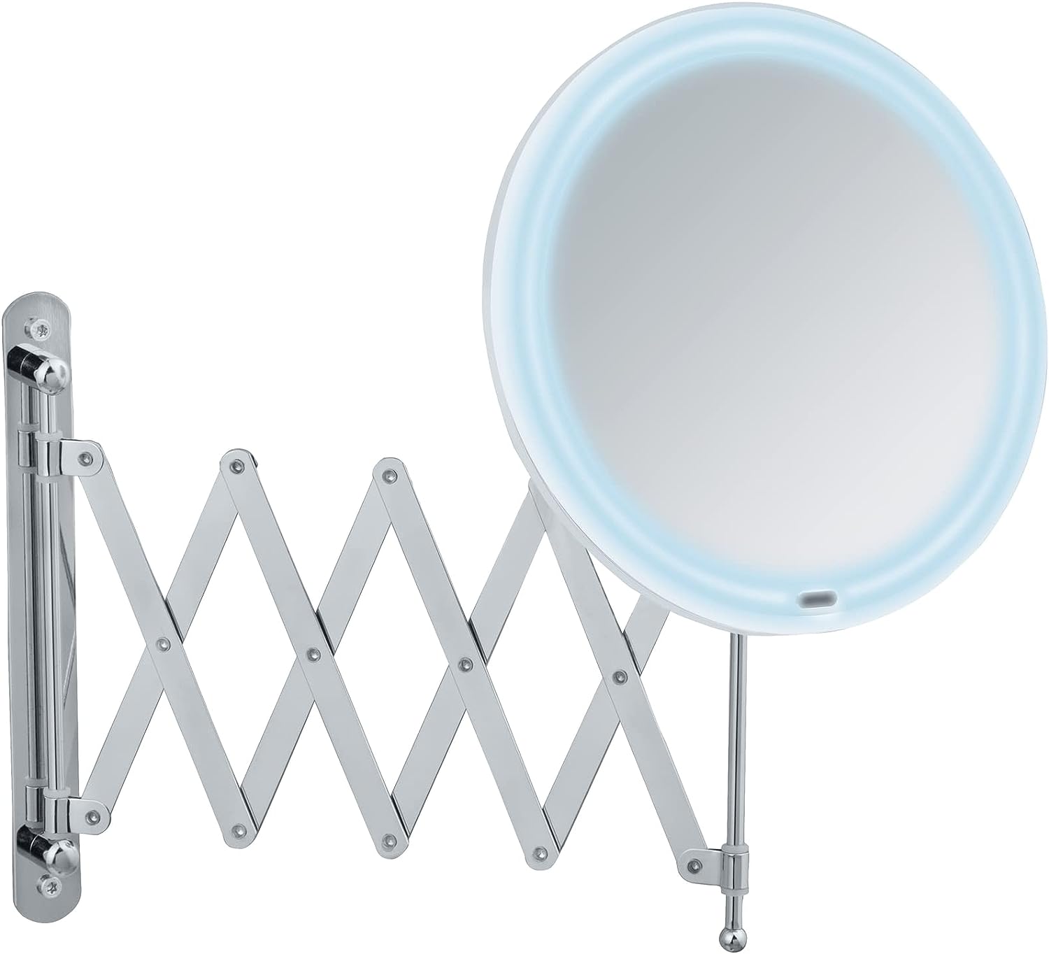 WENKO LED Teleskop-Wandspiegel Barona, Kosmetikspiegel mit LED-Beleuchtung, Schminkspiegel mit ausziehbarem Arm (55 cm), schwenk- und höhenverstellbar, Touchfunktion, USB oder Batterie, Ø 20 cm