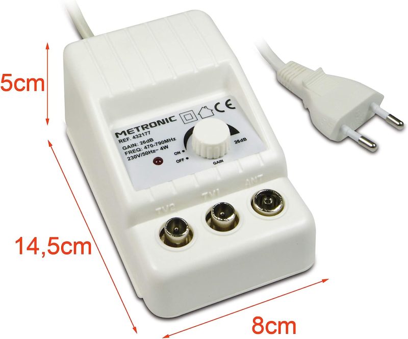 Metronic 332177 TV-Antennenverstärker für TDT-Kanäle, kompatibel mit 4G/5G, 26dB, 2 Ausgänge mit TV-Anschluss 9,52 mm, Weiß