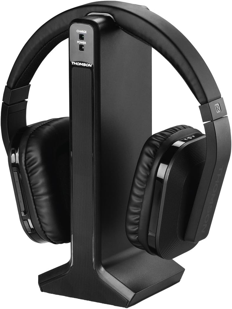 Thomson Digitaler Over-Ear Funk-Kopfhörer (z.B. für TV/HiFi/Smartphone/Tablet/PC/Laptop, mit Ladestation, kabellose Reichweite 20m) Wireless Stereo Headphones, Fernseh-Kopfhörer schwarz