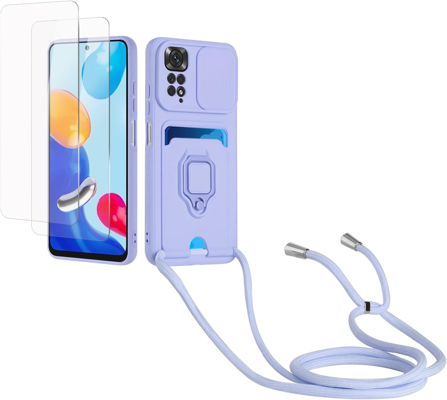 Kaslly Case für Redmi Note 11 Pro/Note 11 Pro 5G Handykette Hülle+[2 Schutzfolie Glas],Slide kameraschutz,Silikon Handyhülle zum Umhängen Kette,Kartenfach-Violett