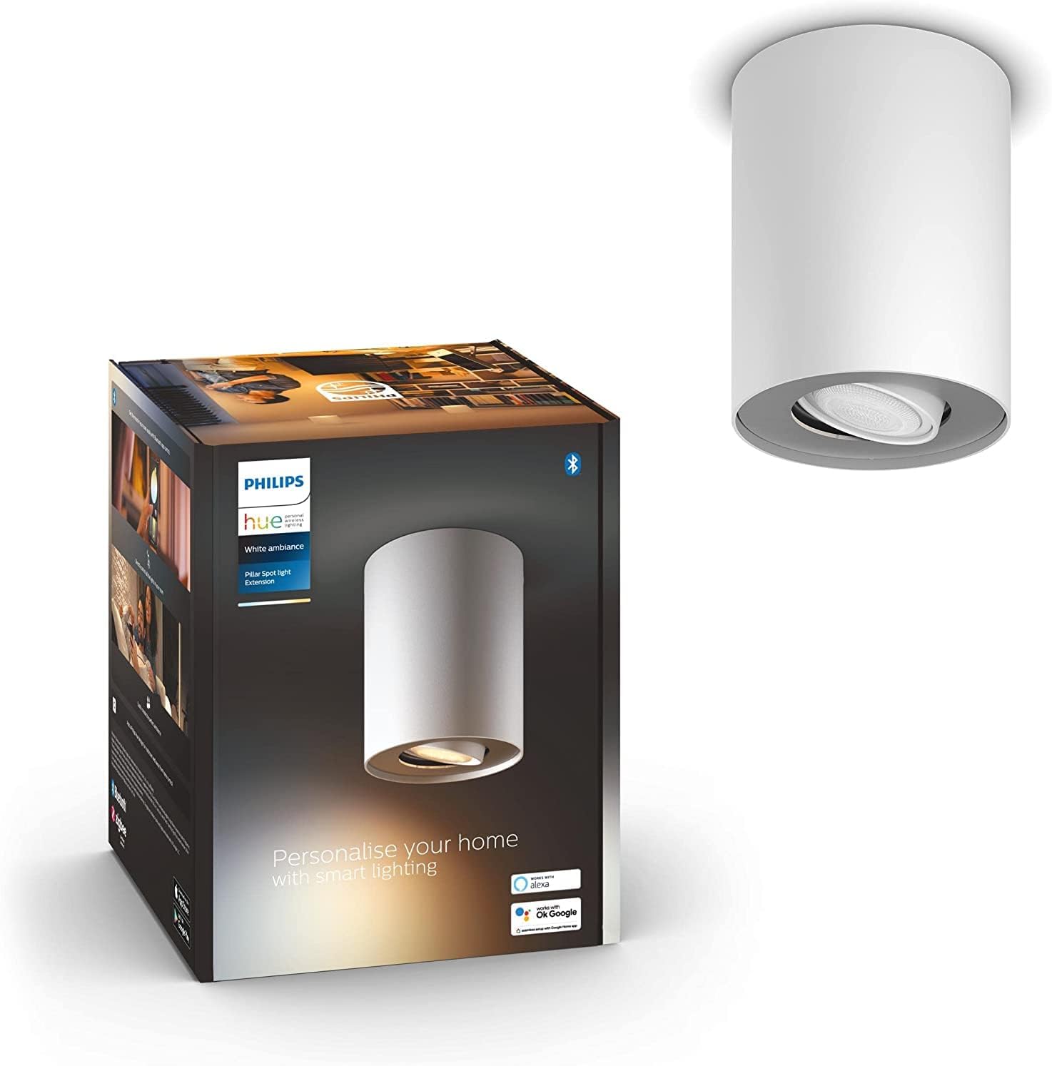 Philips Hue – Lámpara inteligente, Hue Pillar, Foco LED Inteligente, Luz Blaca de Cálida a Fría, Compatible con Alexa y Google Home, Color Blanco
