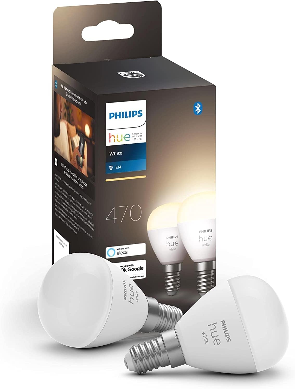 Philips Hue White E14 Luster Doppelpack 2x470lm, dimmbar, warmweißes Licht, steuerbar via App, kompatibel mit Amazon Alexa (Echo, Echo Dot)