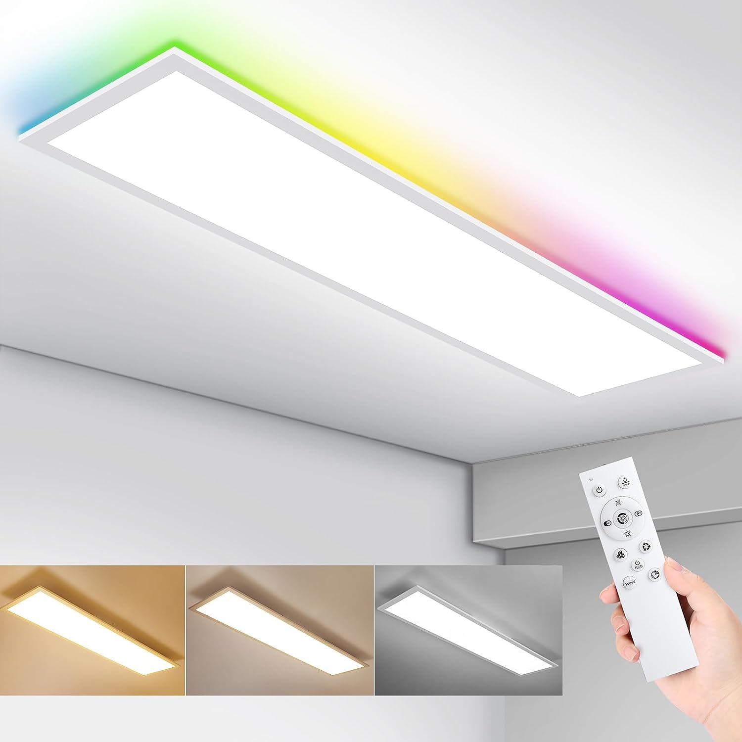 IEGLED LED Deckenleuchte Panel, 120x30cm Deckenlampe Flach Dimmbar RGB Backlight mit Fernbedienung, 40W Deckenpanel Lampe mit 4400lm, 3000K-6500K LED Panel für Wohnzimmer, Flur, Schlafzimmer, Weiß