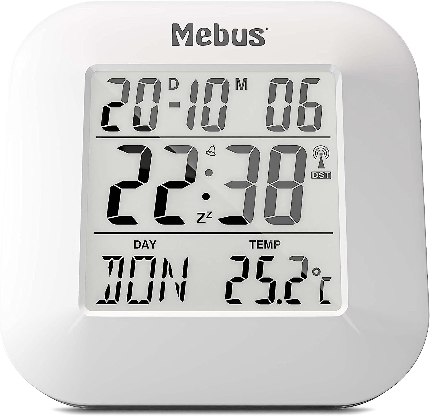 Mebus digitaler Funk-Wecker mit Thermometer, Datumsanzeige und Beleuchtung, Snooze-Funtion, Kunststoff, Weiß, 8 x 8,5 x 1,8 cm