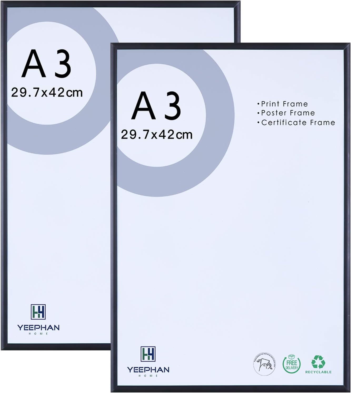 A3 Aluminium-Bilderrahmen mit Plexiglasfront, 29,7 x 42 cm, schwarzer Bilderrahmen, Wandhalterung, Metallrahmen für Bilder oder Zertifikate, 2 Stück