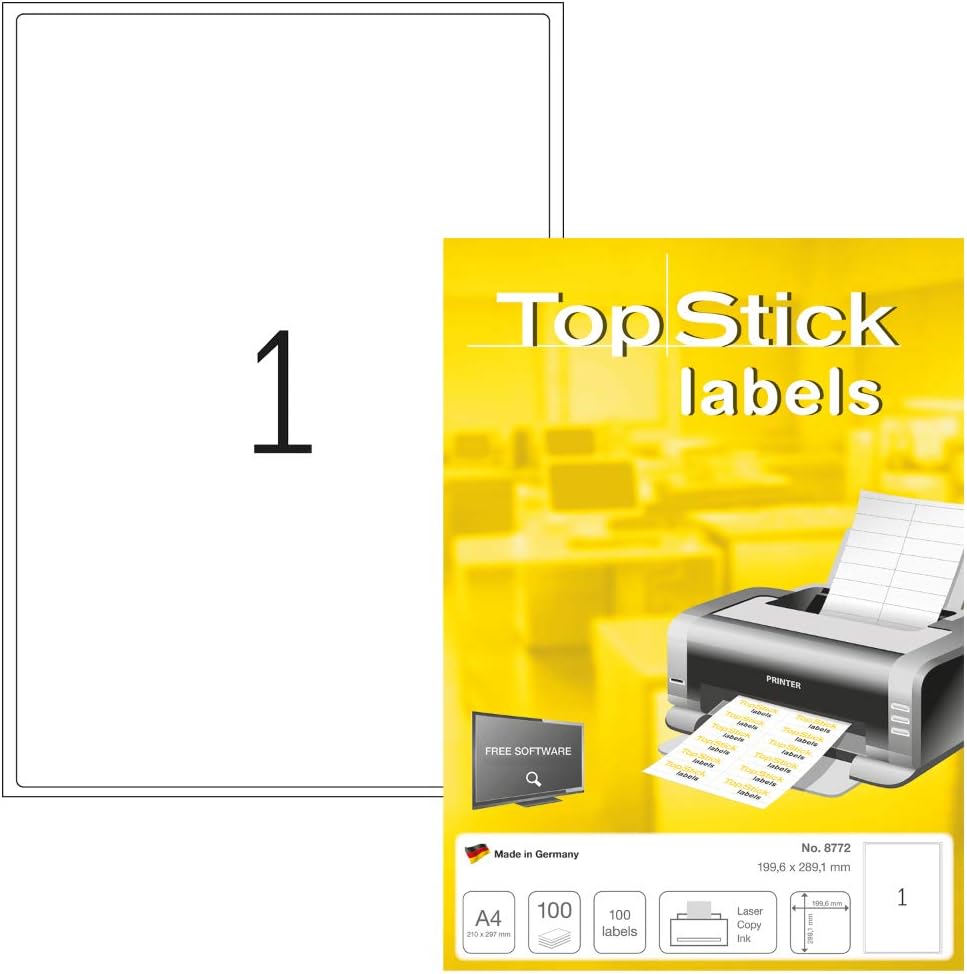 TopStick 8772 Universal Etiketten, 100 Blatt, 199,6 x 289,1 mm, 1 Stück pro A4 Bogen, 100 Aufkleber, selbstklebend, bedruckbar, blanko Versandetiketten aus Papier für Laser / Inkjet Drucker, weiß