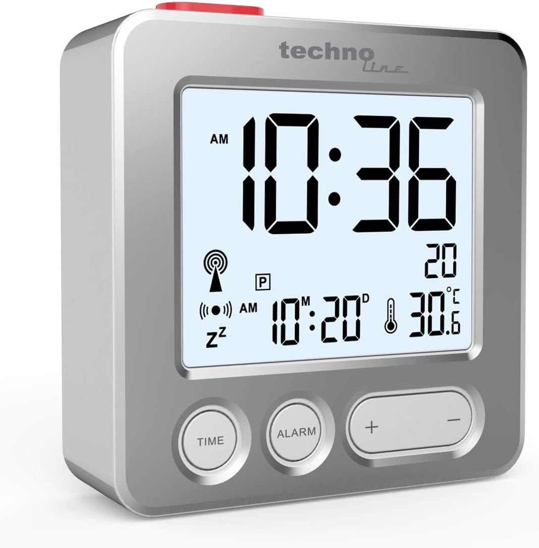 Technoline WT265 handlich und überzeugend moderner Funkwecker mit gebürsteter Echtmetall-Front, silber, Touch-Aktivierung für Beleuchtung/Snooze, Datum, Innentemperatur, 66 x 21 x 66 mm