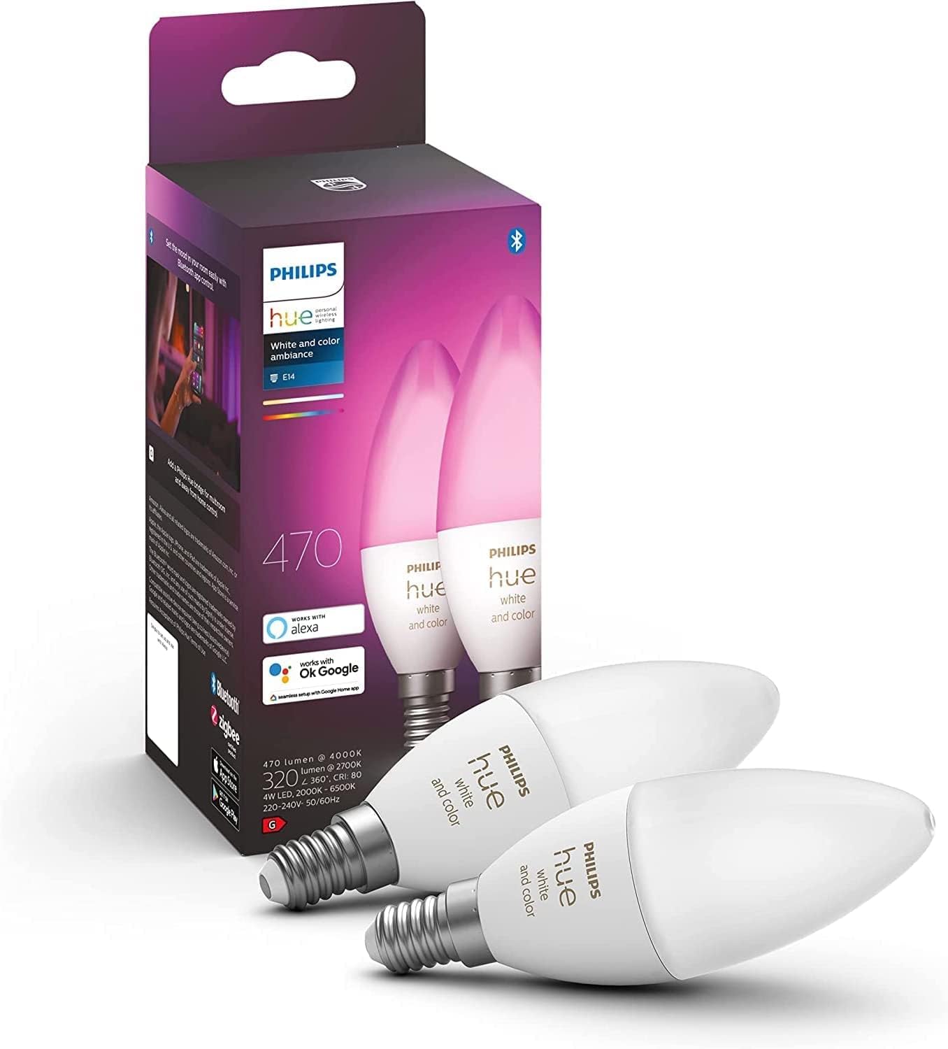 Philips Hue White & Color Ambiance E14 Lampe Doppelpack 2x320lm, dimmbar, bis zu 16 Millionen Farben, steuerbar via App, kompatibel mit Amazon Alexa (Echo, Echo Dot)