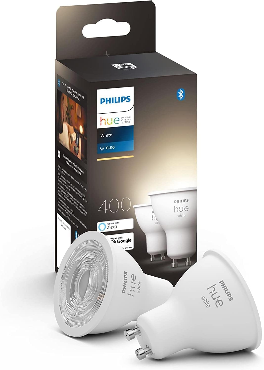 Philips Hue White GU10 Smart LED-Lampen, Bluetooth-kompatibel, 2er-Pack, funktioniert mit Alexa, Google Assistant und Home Kit