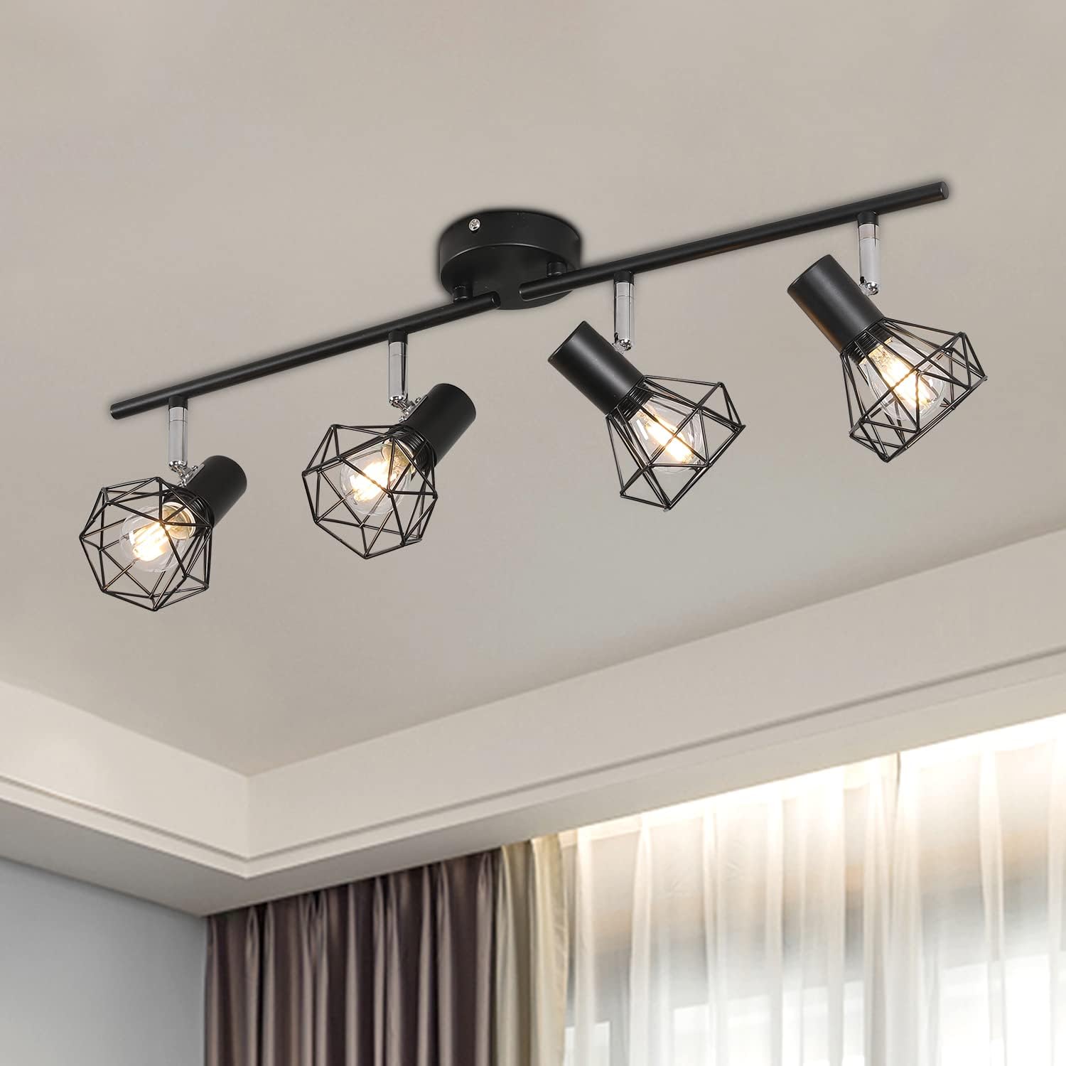 LED Deckenleuchte Schwenkbar Verstellbar 4 flammig Deckenstrahler Retro LED Deckenspot Spot, Schwarz Metall Deckenleuchte für Küche Wohnzimmer Schlafzimmer (Ohne Leuchtmittel)