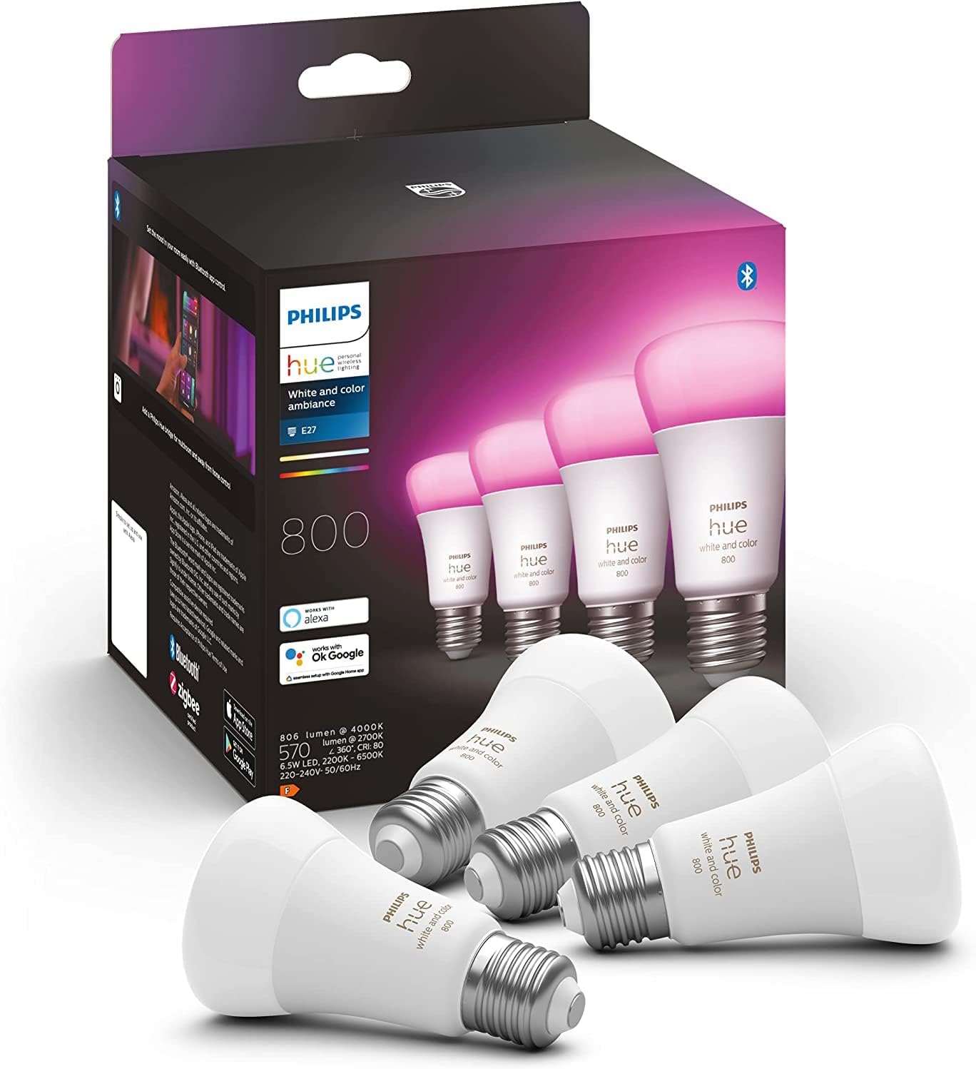 Philips Hue White & Color Ambiance E27 Viererpack 4x570lm, dimmbar, bis zu 16 Mio. Farben, steuerbar via App, kompatibel mit Amazon Alexa 6.5 Watt (Echo, Echo Dot)