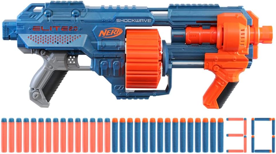 Nerf Elite 2.0 Shockwave RD-15 Blaster, 30 Nerf Darts, 15-Dart Rotationstrommel, Schnellfeuer mit Pump-Action, mit Erweiterungsoptionen, frustfreie Verpackung