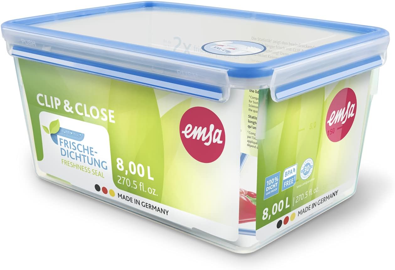 Emsa Clip & Close 508548 | Rechteckige Frischhaltedose | mit Deckel | 8 Liter | Transparent/Blau