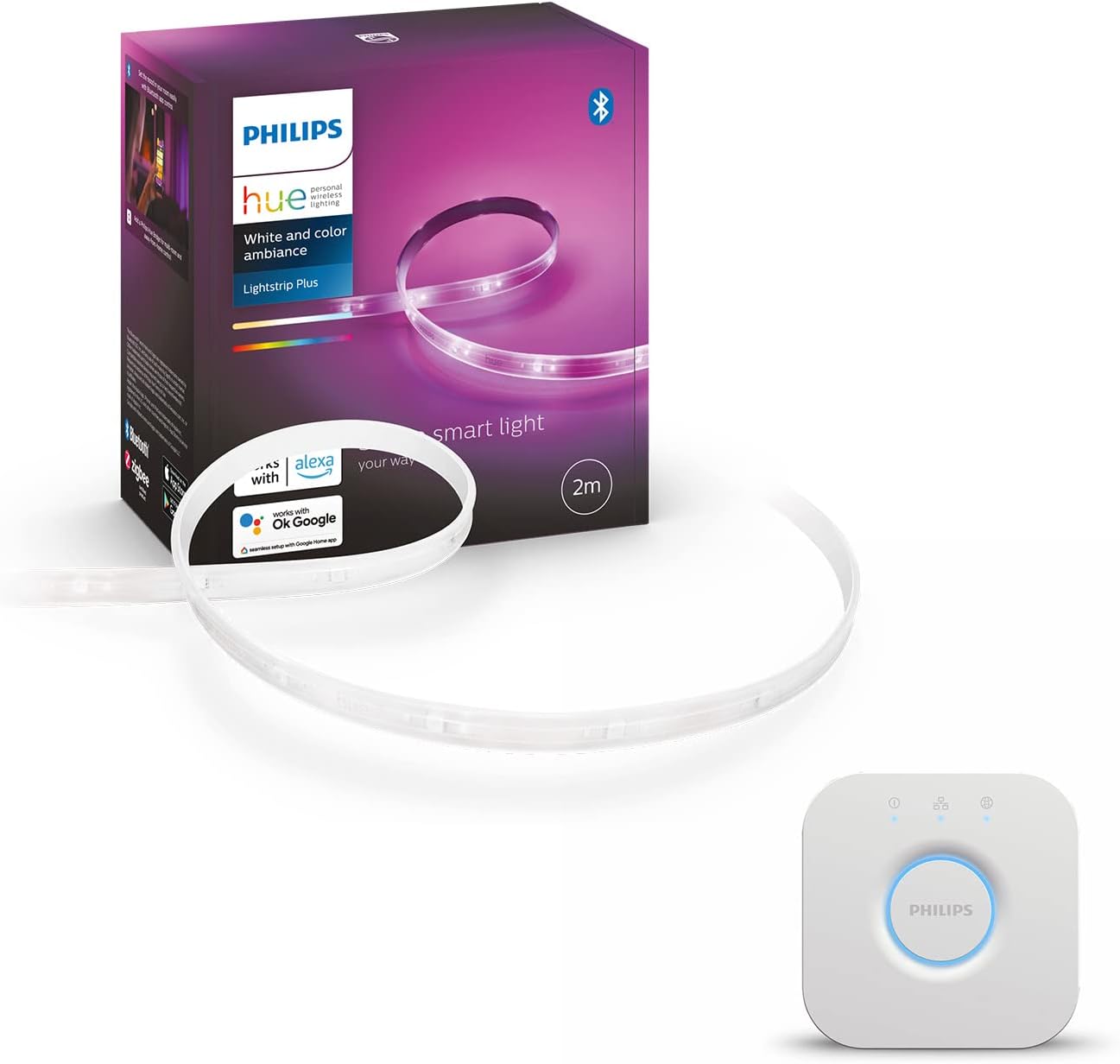 Philips Hue White & Col. Amb. LED Lightstrip, bis zu 16 Mio. Farben, steuerbar via App, kompatibel mit Amazon Alexa (Echo, Echo Dot), inkl. Bridge, 929800011986, Multi , 2er Pack