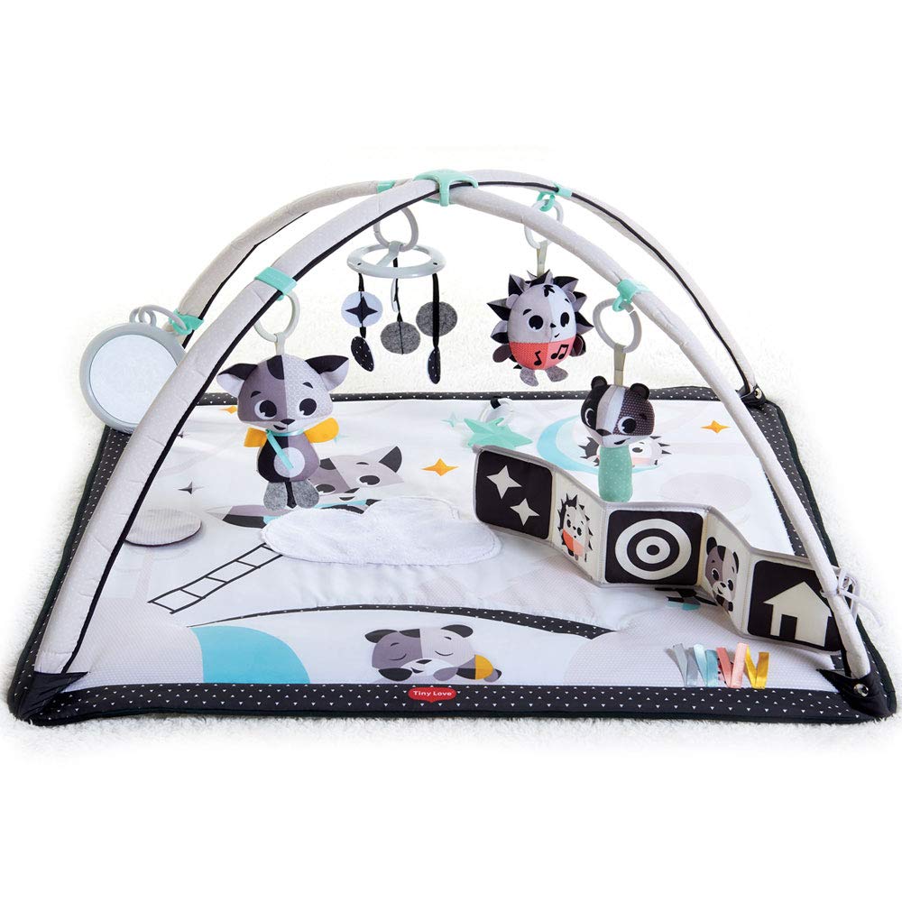 Tiny Love Black & White Gymini, 2-in-1 Spielmatte Baby mit Musik, 0+ Monate, Spieldecke Baby, 18 Aktivitäten, interaktive Musikspielfigur, kontrastreiches Babybuch, verstellbare Bögen, Magical Tales