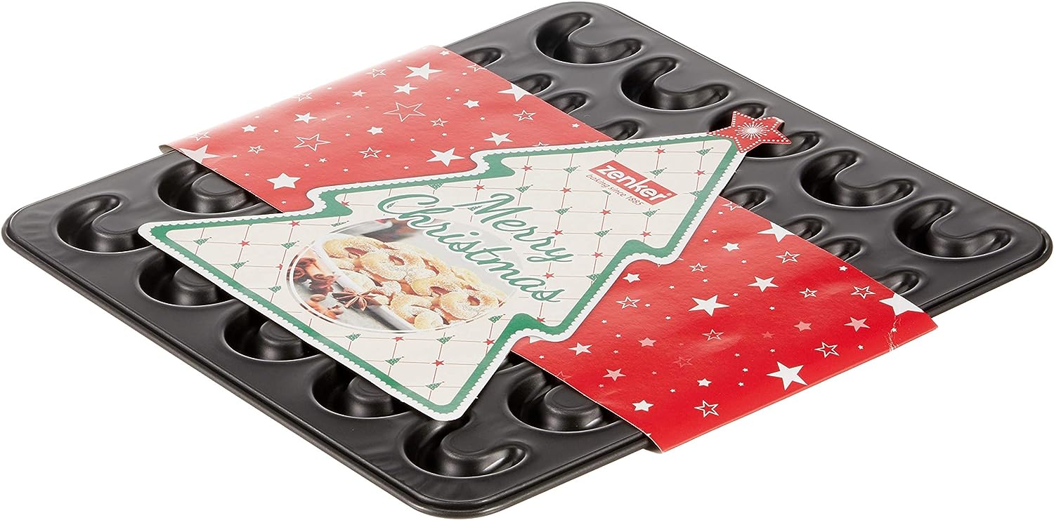 Zenker 30er-Vanillekipferl Backblech klein Sparkling Christmas, Ofenform mit Teflon Antihaftbeschichtung für kinderleichtes Backen, hochwertige Form für selbstgemachte Kipferl (Farbe: Schwarz)