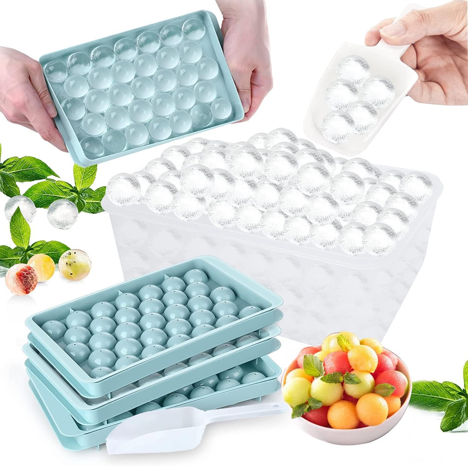 Theuwnee® 3 Pcs Runde Eiswürfelablage mit Eisbehälter, Eiskugelhersteller-Form für Gefrierschrank, Mini-Kreis Eiswürfel-Tablett Machen (3Pack Blau Eisschalen & Eisbehälter & Eisschaufel)