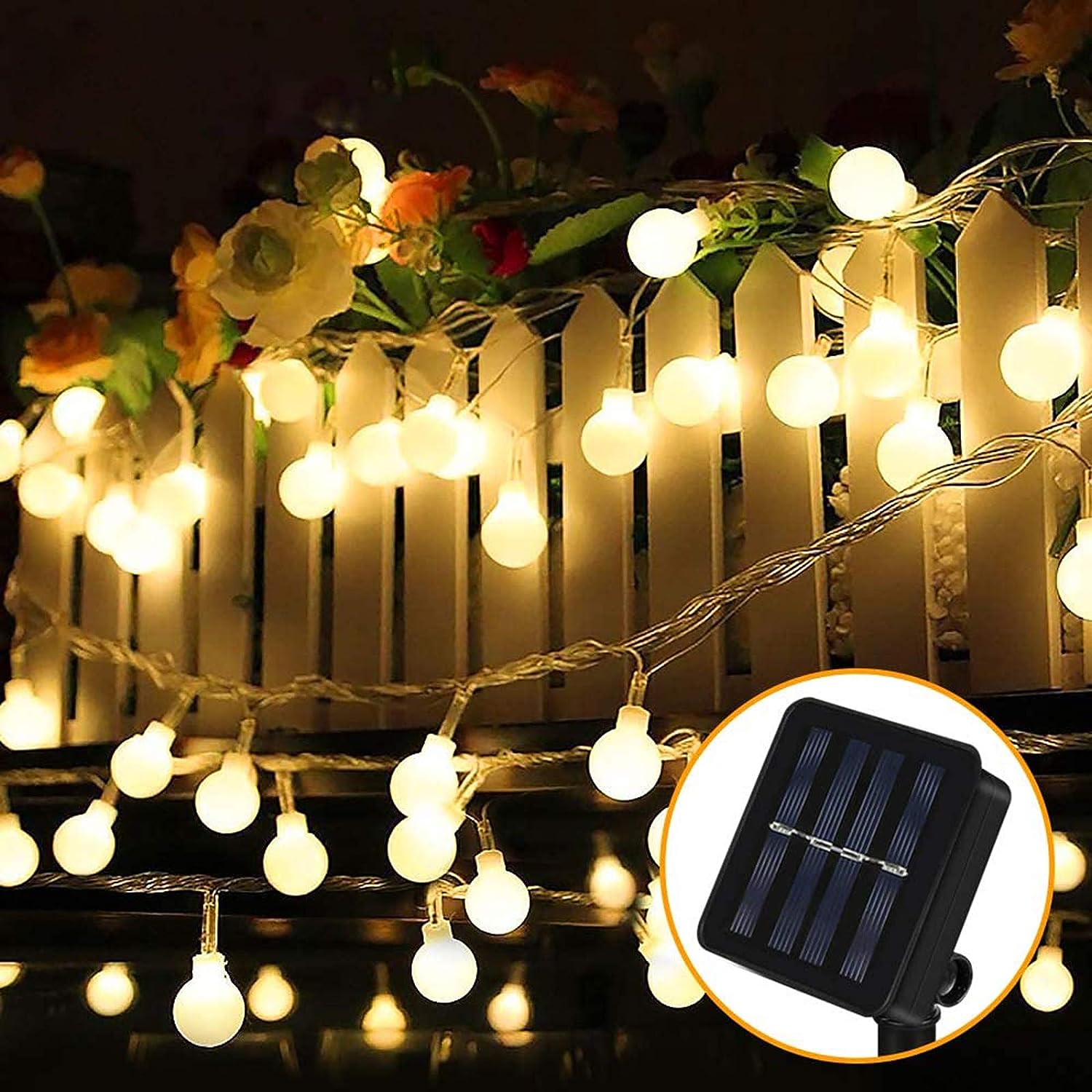 Solar Lichterkette Außen, 8 Meter 60er LED Solar Lichterkette mit LED Kugel 8 Modi IP65 Wasserdicht Warmweiß Lichterkette mit Lichtsensor Beleuchtung für Garten, Partys, Hochzeit, Balkon