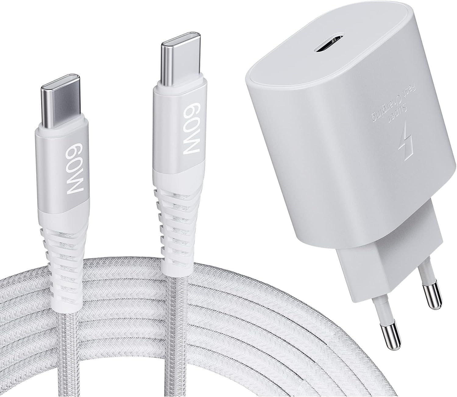 25W USB C Ladegerät mit 2M Nylon Ladekabel USB-C Aufladekabel Für Samsung Galaxy A53 5g/A52/A33/S23/S22/S21 Ultra/S21+/Z Flip 4/Z Fold 3 5G/S20/Note 10/20/S10, Ersatz-Original Schnellladegerät, Weiß