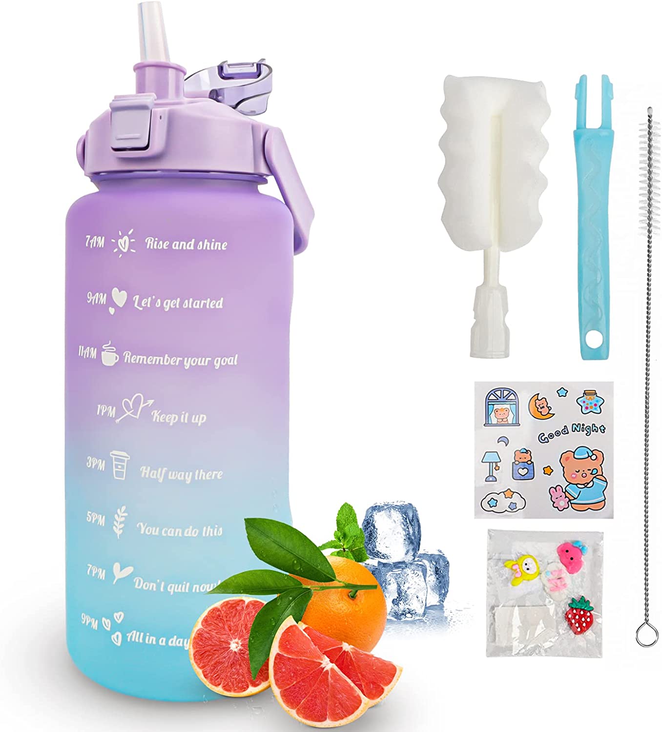 KETIEE Trinkflasche 2L, 2 Liter Trinkflasche mit Strohhalm, BPA-frei Wasserflasche 2 Liter mit Zeitmarkierung, Auslaufsicher Sportflasche Trinkflasche Sport für Fitness Camping Yoga (Violett Blau)