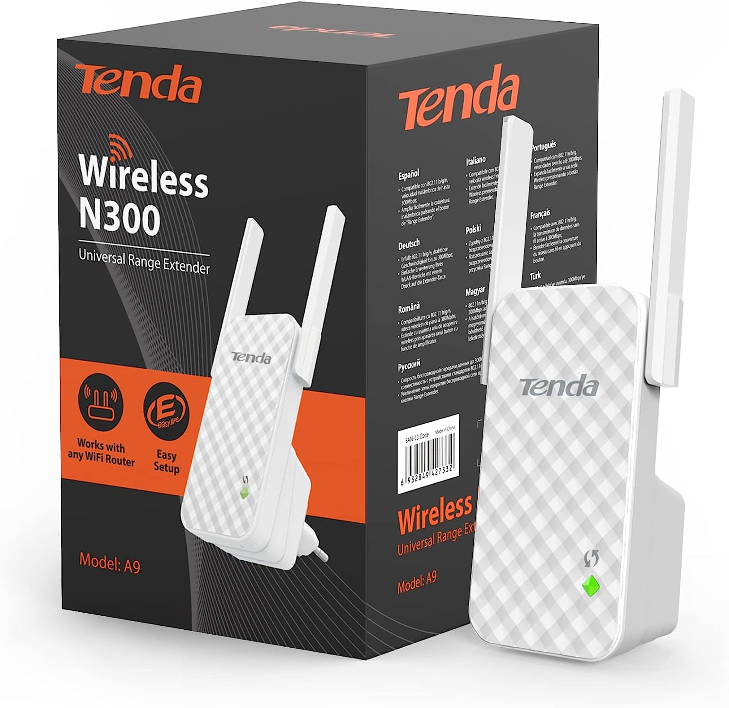 Tenda WLAN Repeater WLAN Verstärker WiFi Repeater(N300 2,4GHz:300 MBit/s), 2*3dBi externe Antennen, LED Anzeige, WPA/WPA2, kompatibel mit allen WLAN Routern, Weiß(A9)