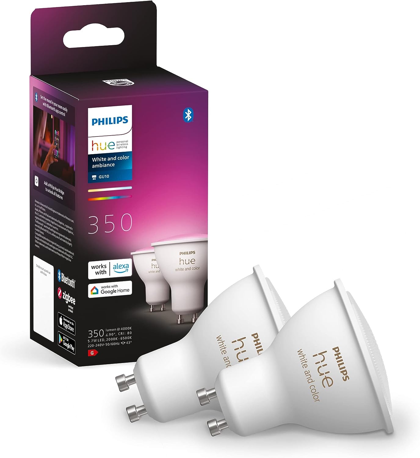Philips Hue White & Color Ambiance GU10 LED Lampe Doppelpack, 2x350lm, dimmbar, bis zu 16 Millionen Farben, steuerbar via App, kompatibel mit Amazon Alexa (Echo, Echo Dot)