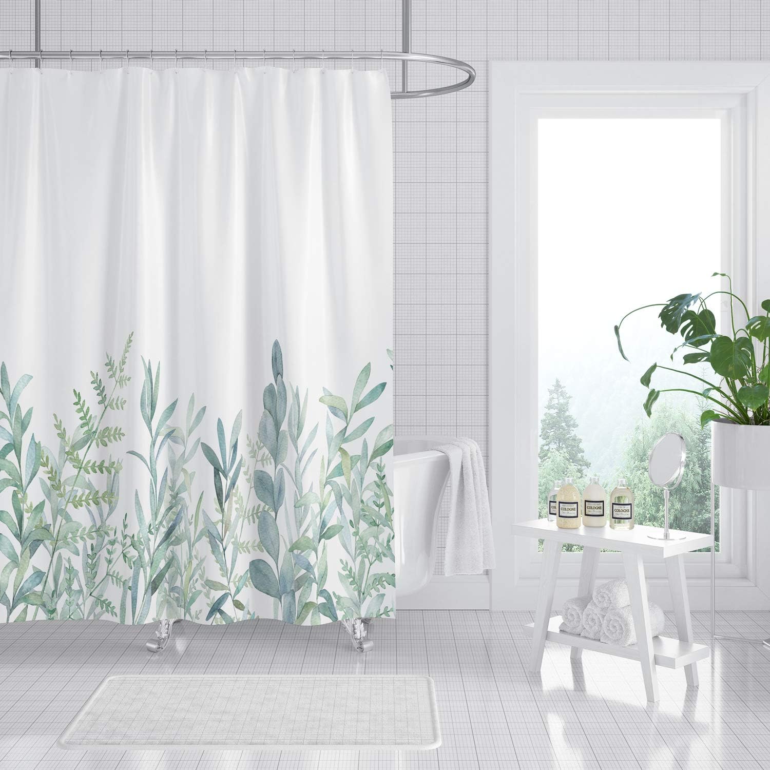 M&W DAS DESIGN Duschvorhang grüne Blätter Blumen Pflanzen Badezimmer Textil Vorhang mit Antischimmel Effekt waschbar Shower Curtain badewanne inkl. 10 C-Ringe mit Gewicht unten 150x200cm(BxH)