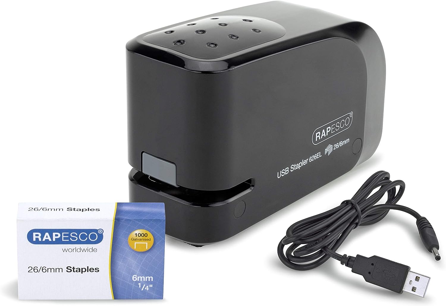 Rapesco 1454 626EL Automatisches USB/Batterie Heftgerät mit 1000 26/6mm Heftklammern, 15 Blatt Heftleistung, Schwarz