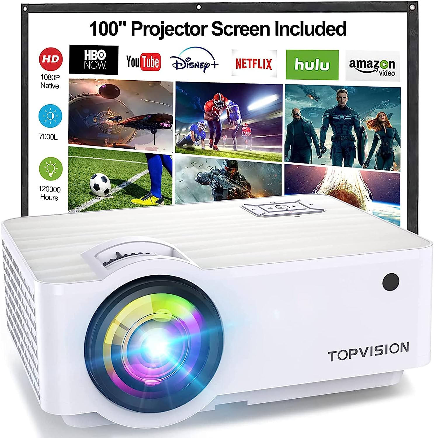 TOPVISION Mini Beamer, Native 720P Heimkino Beamer Unterstützt 1080P Full HD, 7000 Lux Video Beamer mit 300'' Display, 120000 Stunden LED Projektor Kompatibel mit HDMI/USB/SD/AV/VGA