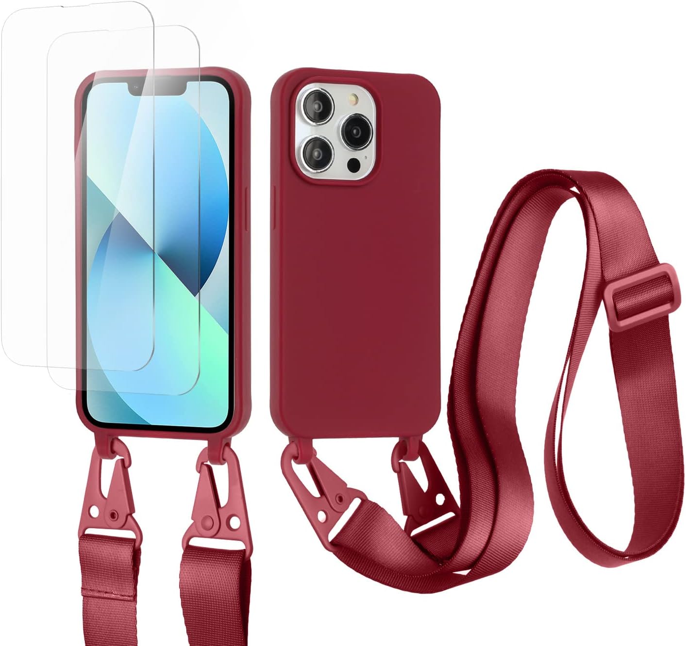 vrupin kompatibel mit iPhone 14 Pro Max Handykette Hülle,[2 Stück Schutzfolie 9H Härte Gehärtete Folie].Necklace Hülle Nylon Schultergurt Weich Flüssiges Silikon-rot