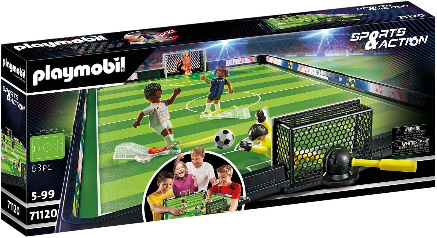 PLAYMOBIL Sports & Action 71120 Fußball-Arena, Tischkicker für Kinder: 2 Tormänner, 2 Fußballer mit Kickfunktion, 3 Kickerbälle, Spielzeug für Kinder ab 5 Jahren