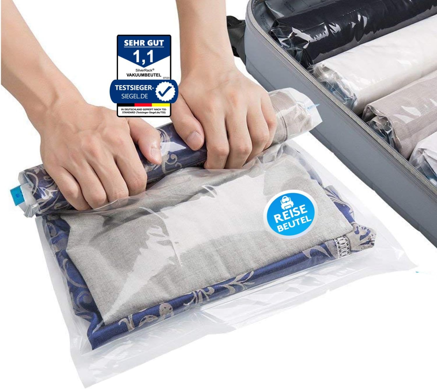 SilverRack Vakuumbeutel Set Reise [8 Stück] in Größe (50x70 cm) - Travel Vakuumbeutel für Kleidung zum Rollen - Vakuum Kleiderbeutel - Kleider Vakuumierbeutel als Backpacker Vacuum Bags