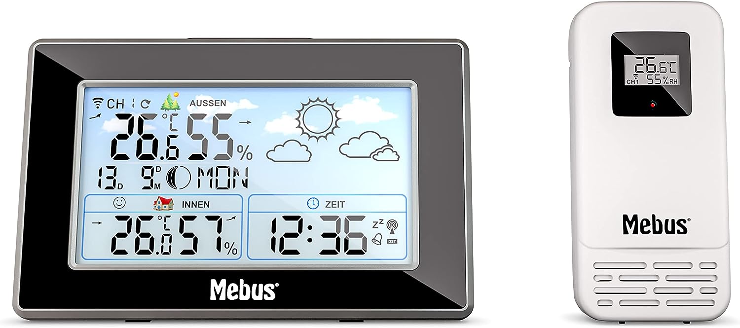 MEBUS funkgesteuerte Wetterstation mit Außensensor, Thermometer/Hygrometer, Funkuhr, Wohlfühlindikator bewertet Raumklima, Wettervorhersage, Mondkalender, Wecker, Farbe: Schwarz-Silber, Modell: 40917