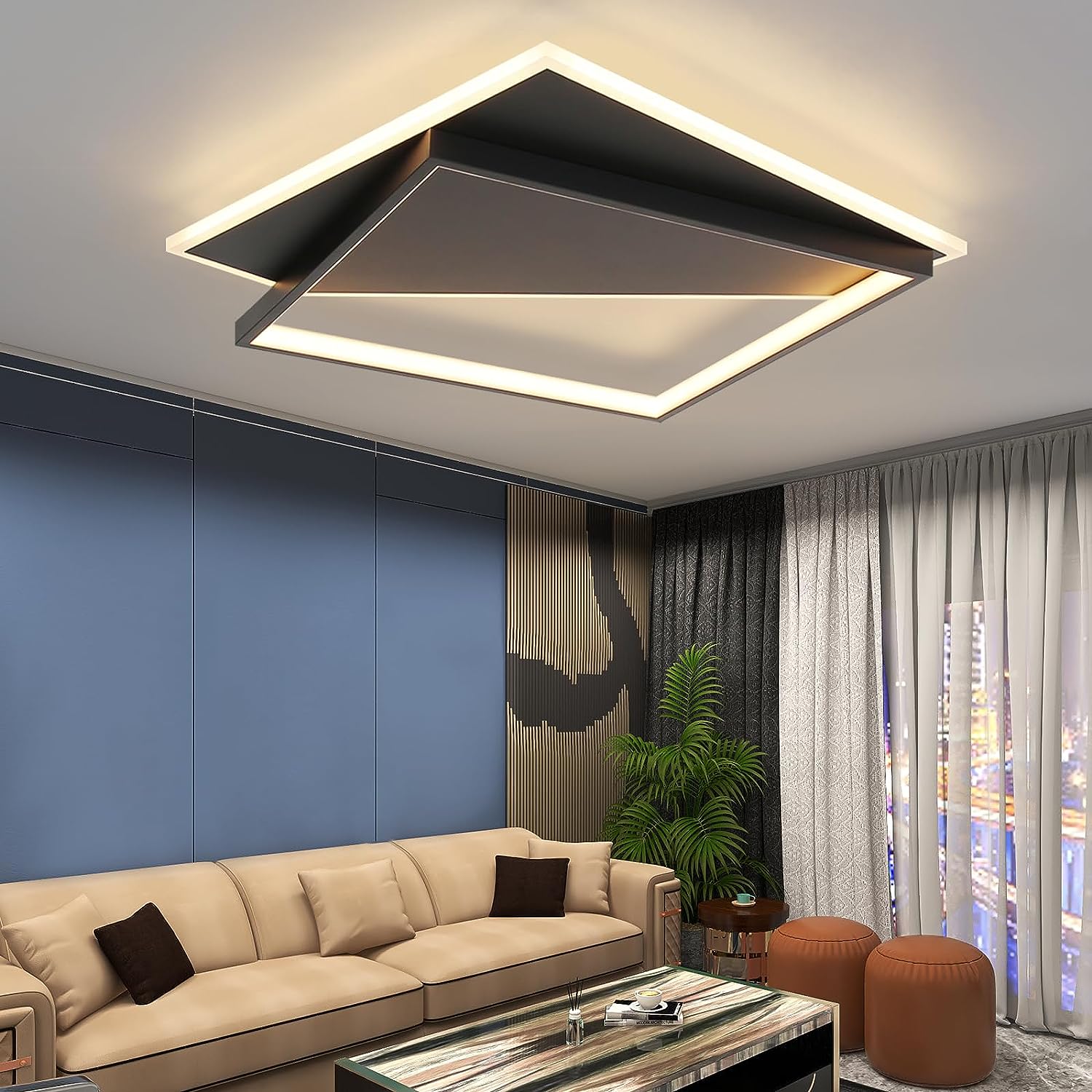 Homefire Deckenlampe LED Deckenleuchte Wohnzimmer - Dimmbar 48CM Schwarz Wohnzimmerlampe Modern Design mit Fernbedienung aus Metall Deckenbeleuchtung für Küche Esszimmer Jugendzimmer Schlafzimmer