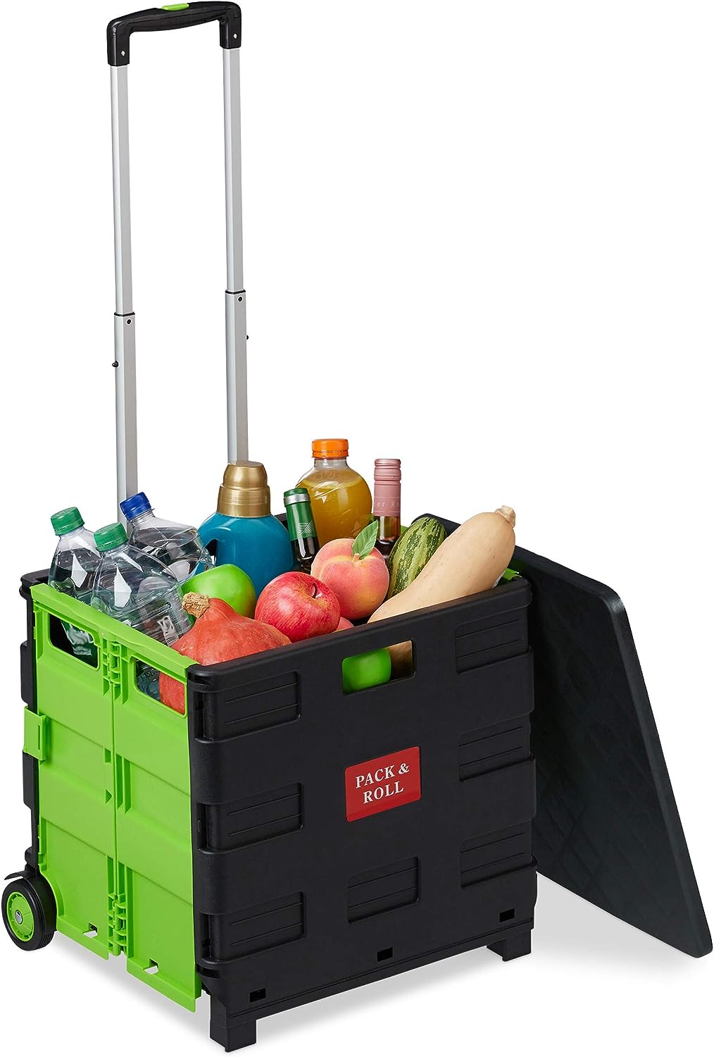 Relaxdays Einkaufstrolley klappbar, bis 35 kg, 50 l Kiste, mit Teleskopgriff, 2 Rollen, Transport Trolley, grün/schwarz, 1 Stück