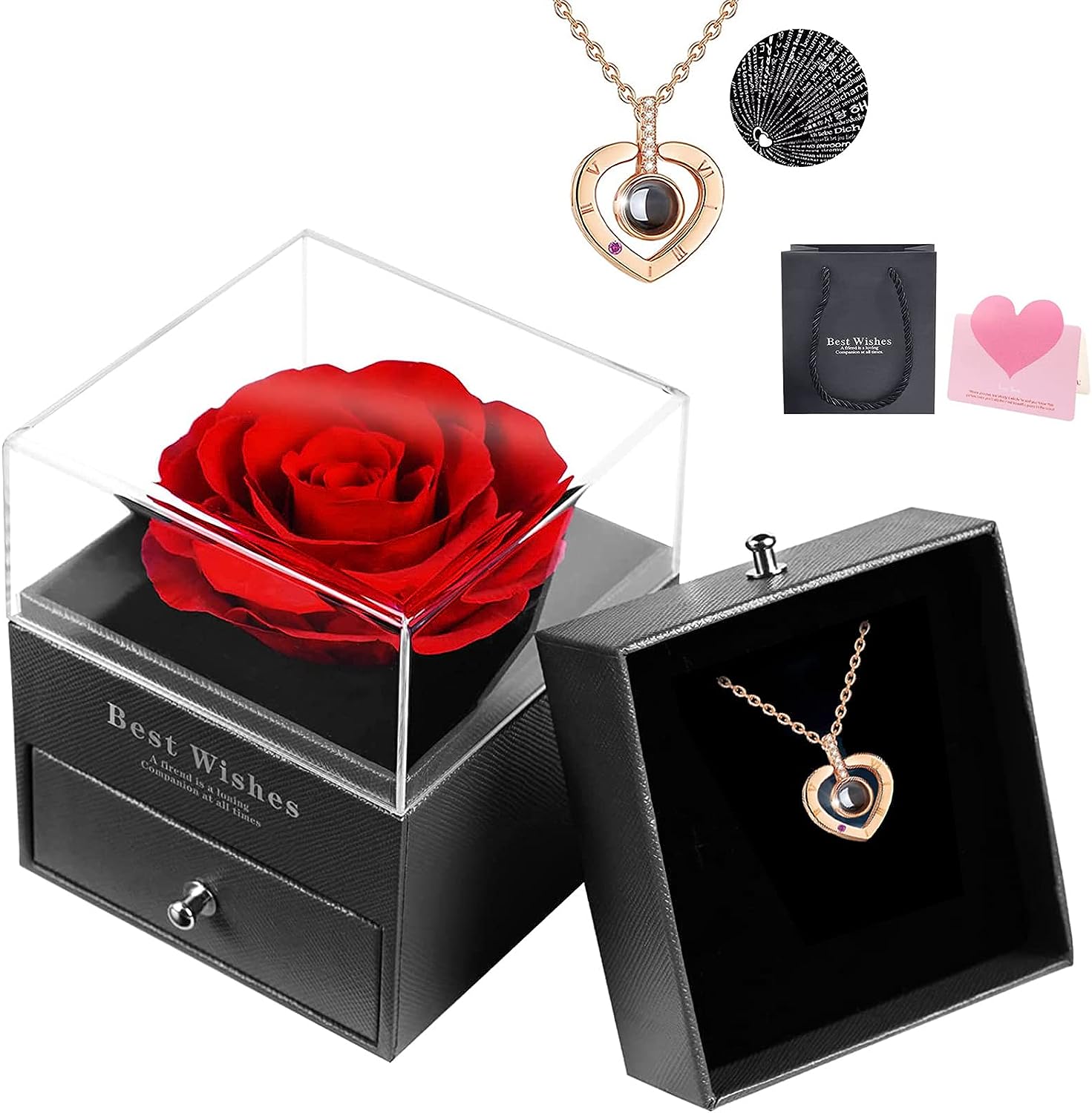 Ewige Rose Geschenk Schmuck Box,Konservierte Rosen Geschenkbox Set mit Infinity Rosen und Halskette in 100 Sprachen,Frauen Geschenke für Freundin Mutter Frau Sie Zum Geburtstag Jahrestag Muttertag