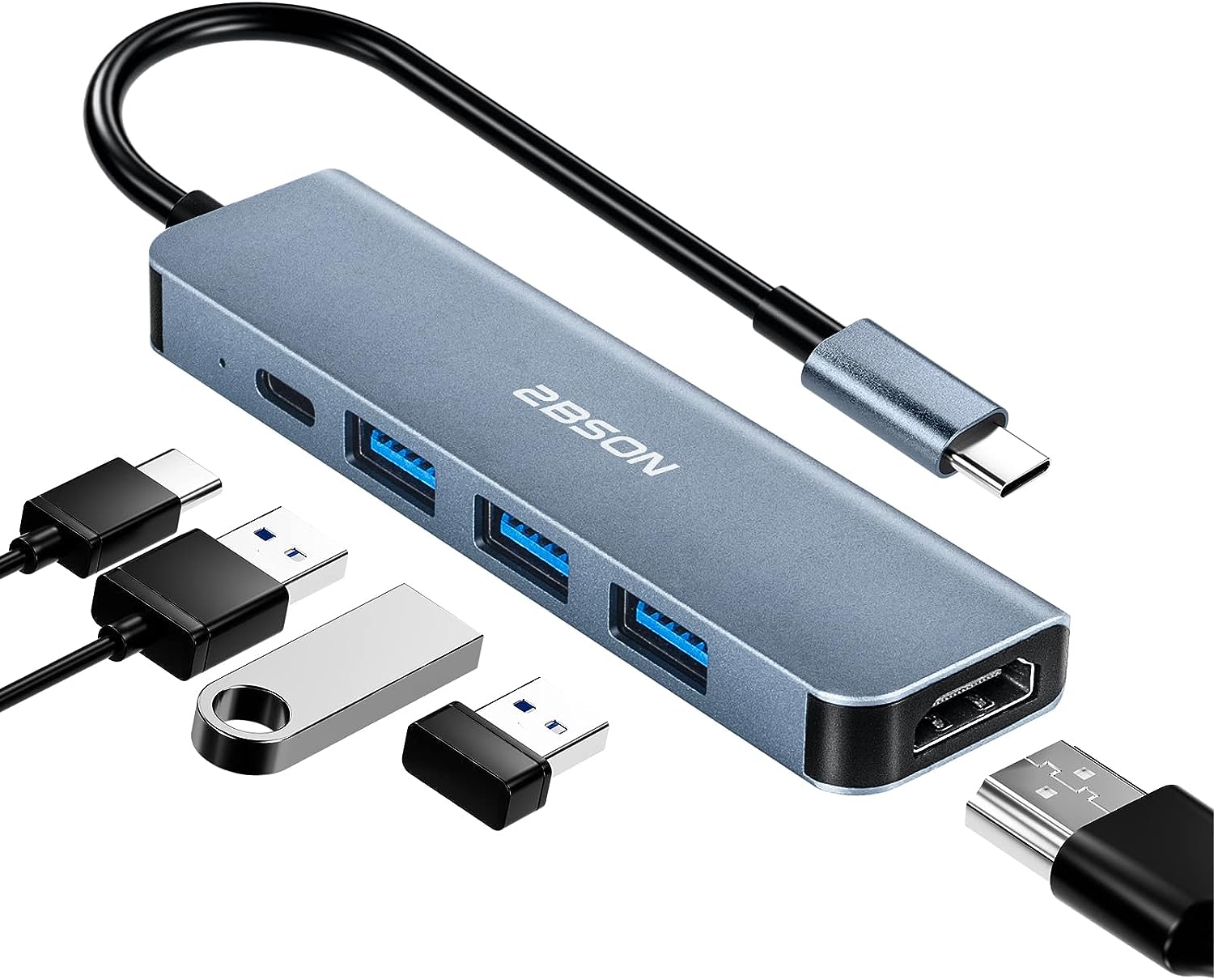 2BSON USB C Hub, 5 in 1 USB C Adapter mit PD 100 W, 4K HDMI, 1 USB-A 3.0, 2 USB-C 2.0, USB C Docking Station für MacBook, Dell, Surface und mehr Type-C-Geräte.