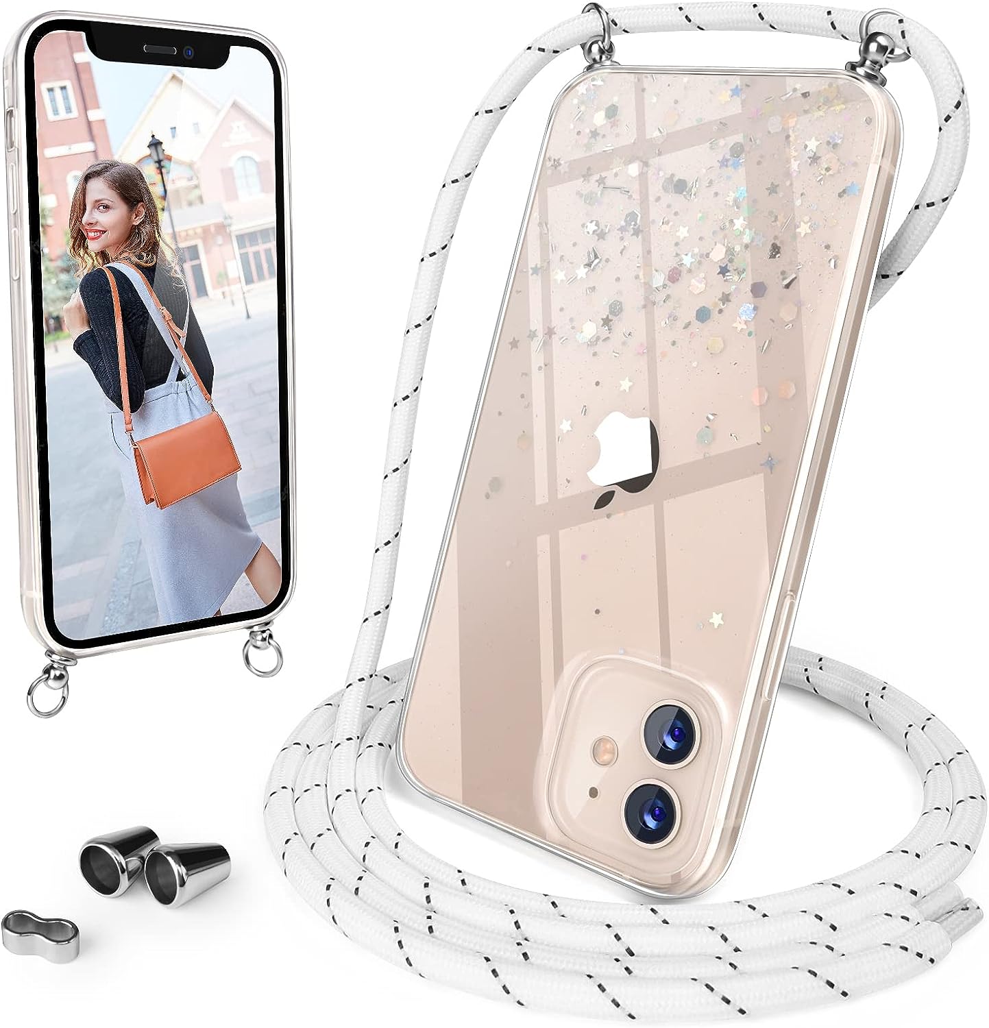 UNDEUX Handykette Handyhülle für iPhone 12/iPhone 12 Pro Hülle mit Band, [Necklace Handyhülle mit Glitzer] Kratzfest StoßfestSilikon Case für iPhone 12/12 Pro (6.1") - Transparent