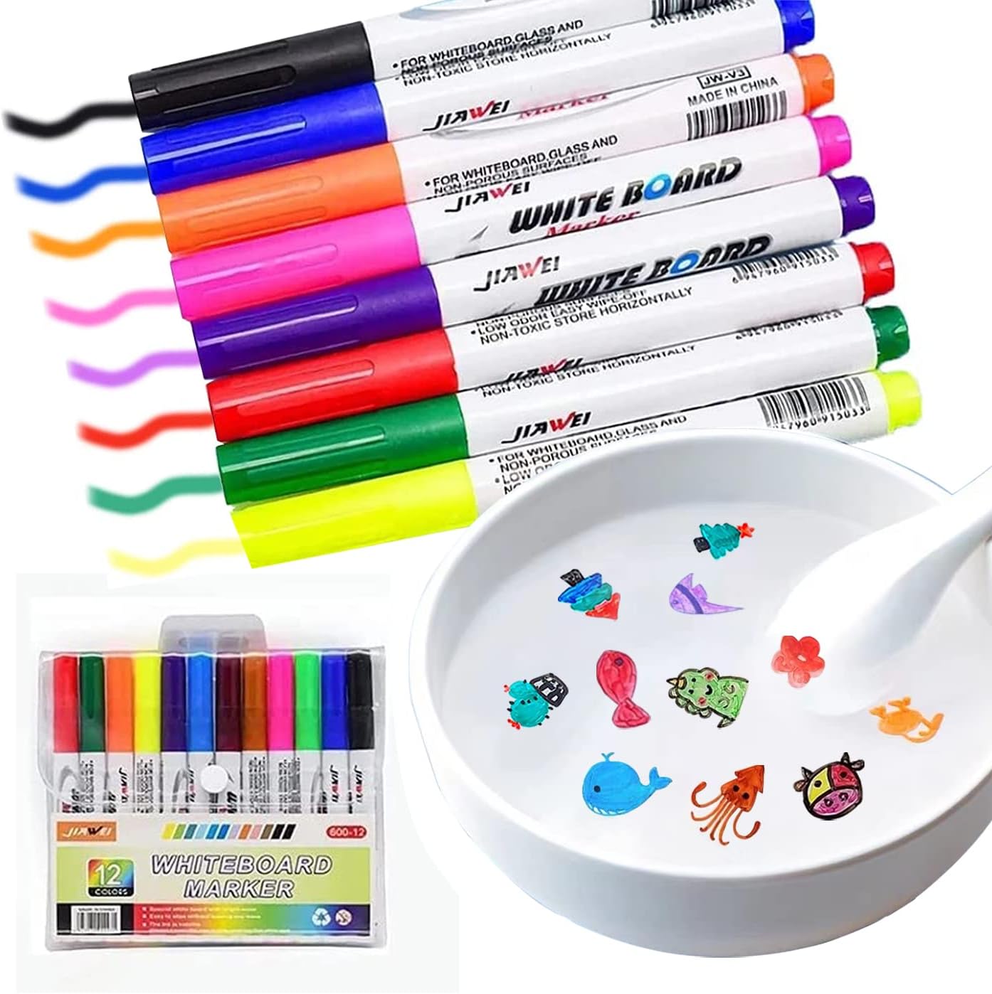 12 Stück Magische Wassermalerei Stift, schwimmender Stift, Aquarellpinsel die nach dem Malen im Wasser schwimmen können,Doodle Water Floating Marker,waschbare trocken abwischbare Marker für Kinder