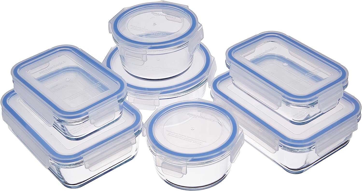 Amazon Basics Recipientes de cristal para alimentos, con cierre 14 Unidad (7 envases + 7 tapas), sin BPA, Claro