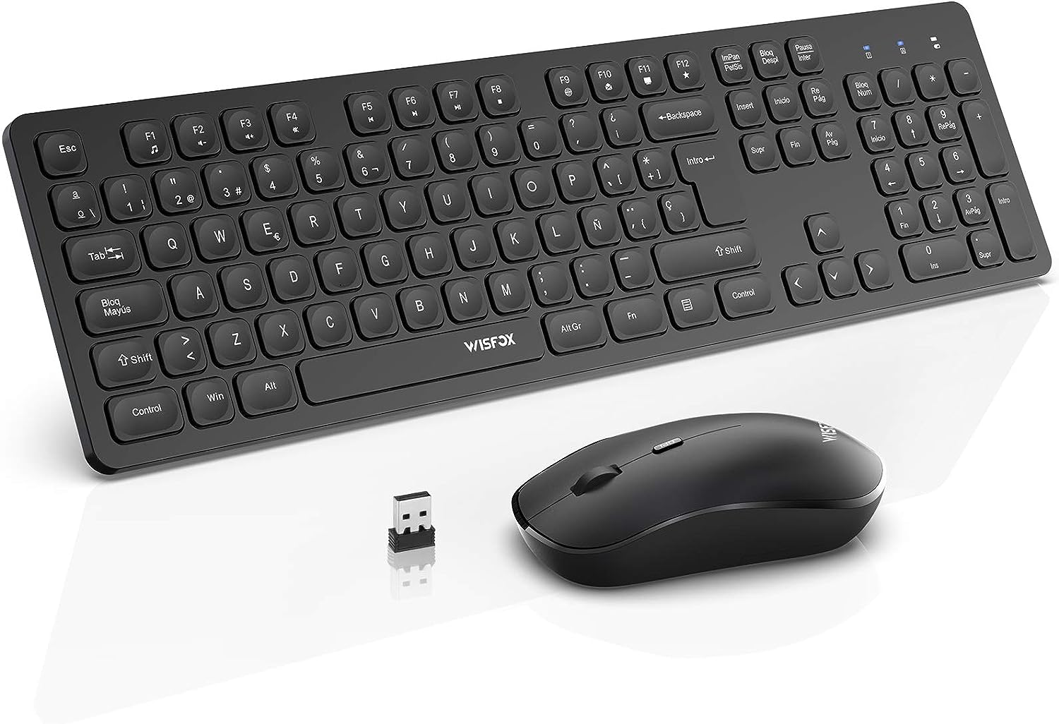 WisFox Kabellose Tastatur und Maus, Combo Tastatur und Maus Ergonomisch, leise, 2,4 GHz, mit 12 direkten Multimedia-Zugriff für Windows/Laptop/PC, Spanisches QWERTY-Layout