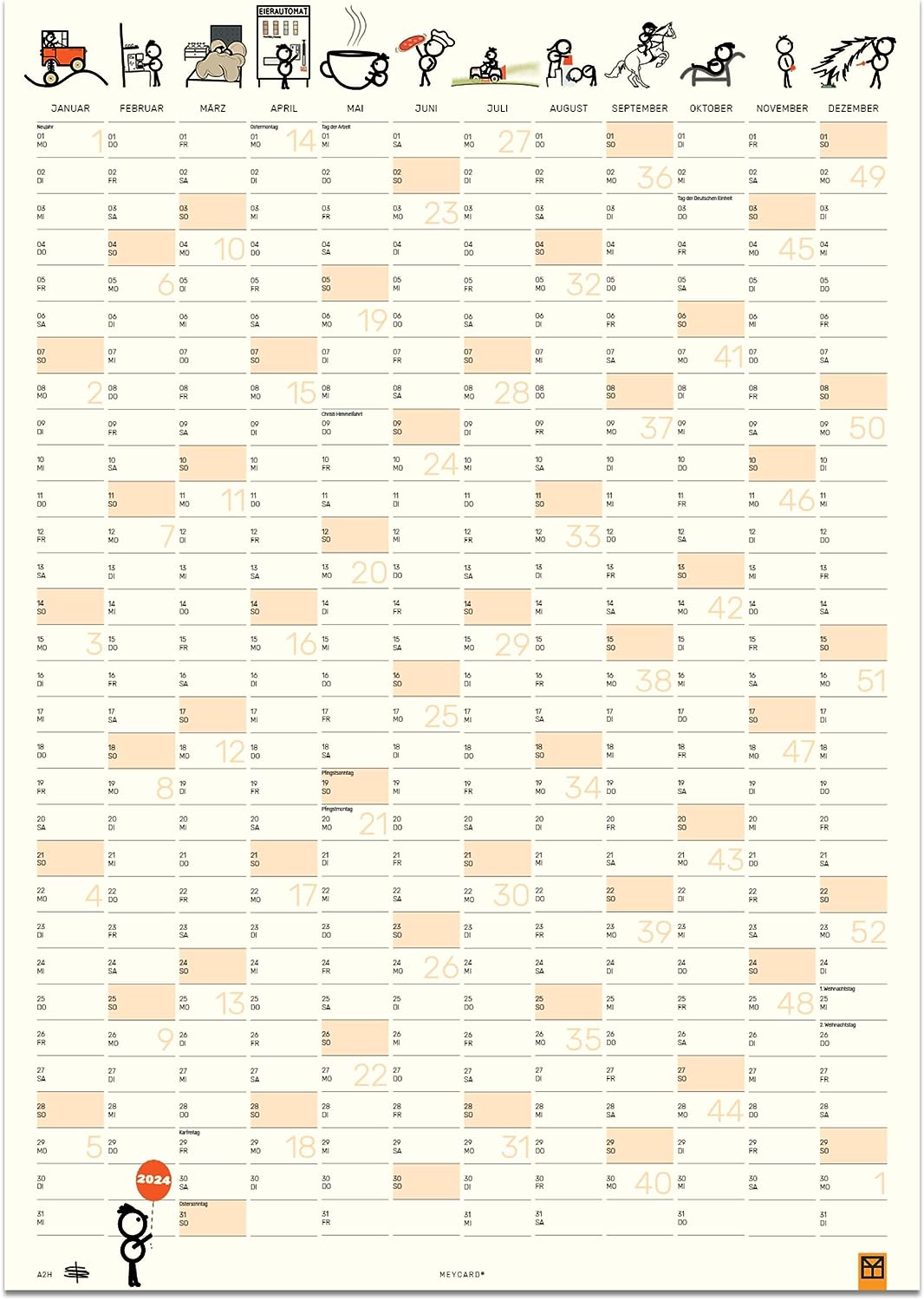 MEYCARD - A2H Wandkalender 2024, Posterkalender, Jahresplaner, Hochformat DIN A2, gerollt