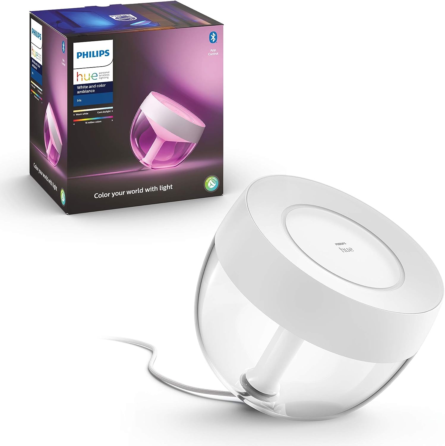 Philips Hue White & Color Ambiance Iris Tischleuchte weiß 520lm, dimmbar, 16 Mio. Farben, Deep Dimming-Funktion, steuerbar via App, kompatibel mit Amazon Alexa (Echo, Echo Dot)