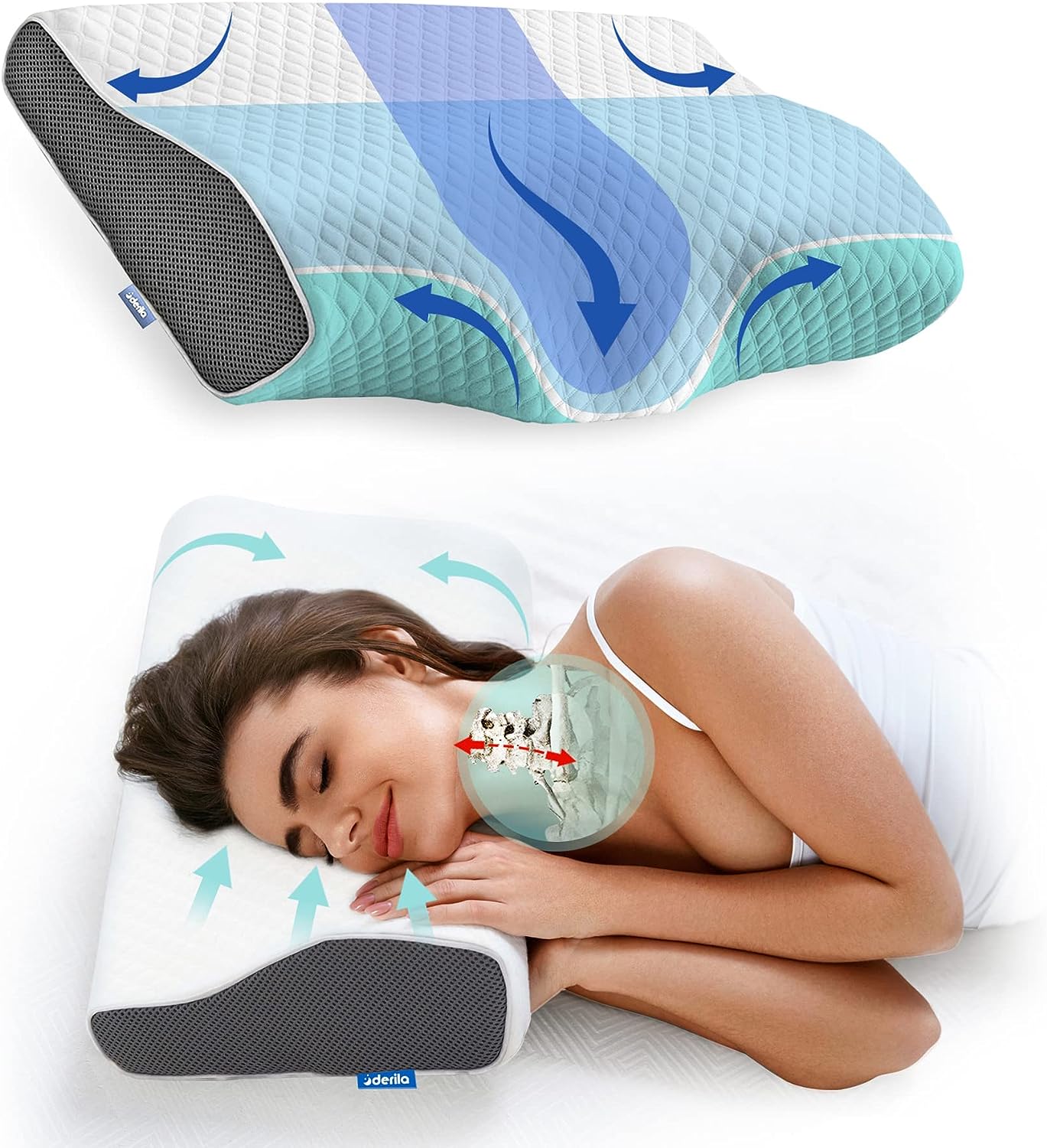 Derila Memory Foam Kissen Kopfkissen Nackenkissen (1er Pack) ergonomisches Seitenschläferkissen für Seiten, Rücken & Bauchschläfer. Antischnarch-Kissen, erfrischt aufwachen ohne Nackenschmerzen