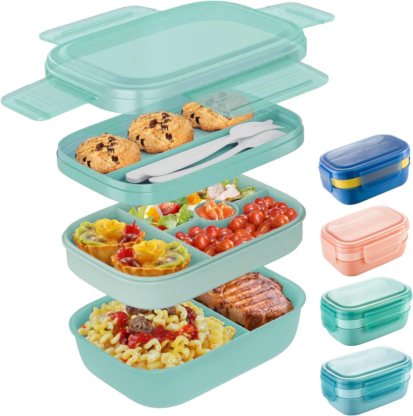 Sllwari Lunchbox Brotdose mit Fächern 1900ML Kinder/Erwachsene Bento Box 3 Schichten Reisen Brotzeitbox with Cutlery, Lunch Box for Work/Picnic (Grün)